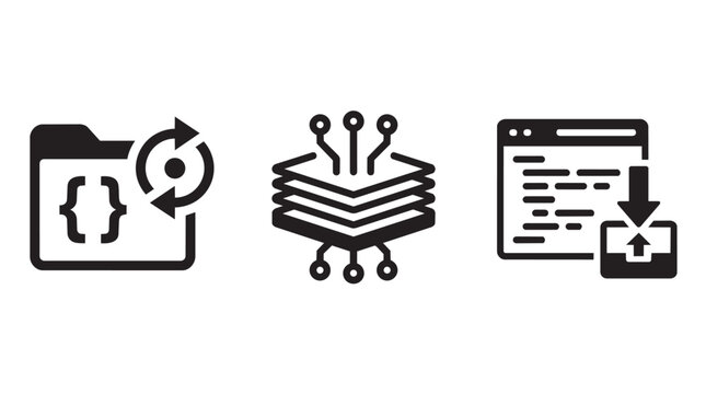 Software development and coding icon set with version control repository folder full stack architecture layers and code download window interface symbols