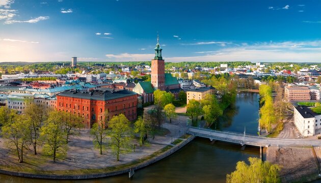 aerial panorama of turku city center cathedral of turku and aura river in spring in finland