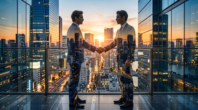 Two professional business executives shaking hands during a corporate partnership agreement standing in front of a modern city skyline at sunset