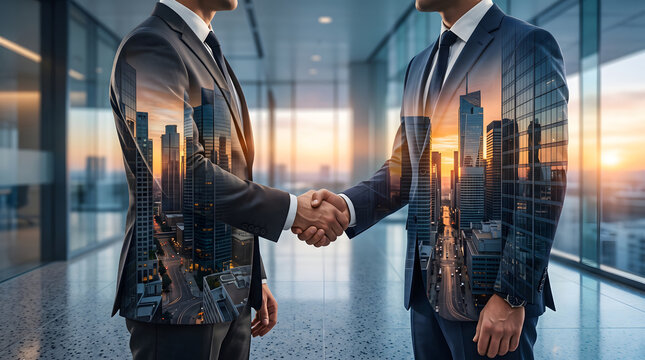 Professional business executives shaking hands during a corporate partnership agreement inside a modern office with double exposure city skyline views