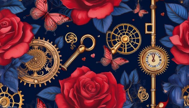 seamless pattern featuring dark blue background with vintage red roses golden mechanical clockwork gears ornate skeleton keys and butterflies