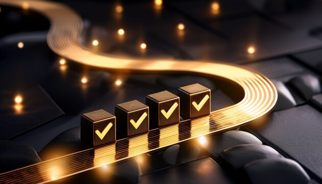 golden check marks on black cubes along a winding path task completion and quality assurance successful process steps following a lit track to reach a final business destination