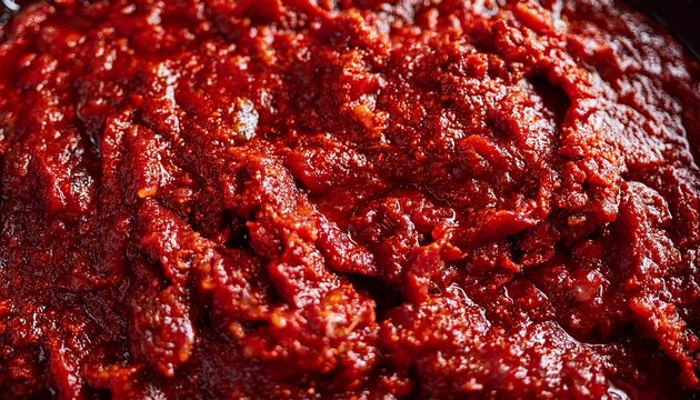 abstract close up of thick deep red gochujang paste emphasis on its density and rough surface