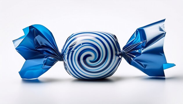 single wrapped hard candy with a blue and white spiral pattern and twisted plastic ends isolated on a white background