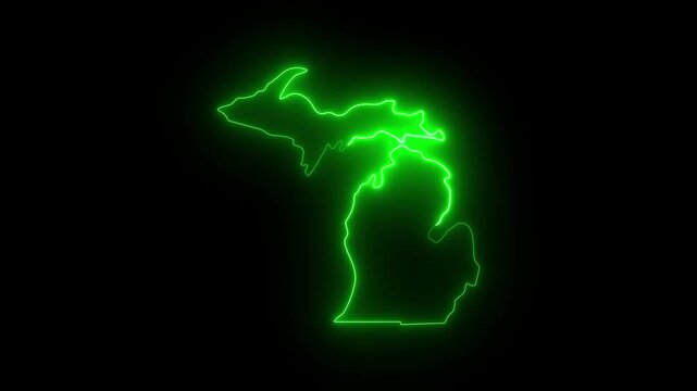 Glowing neon map of michigan state outline, green led light effect on black background