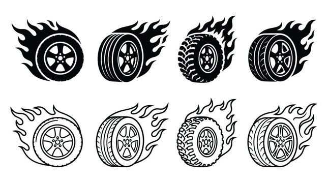 Flaming tire silhouettes with varied tread patterns on a white background