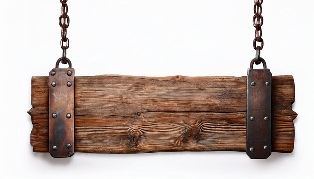 rustic wooden sign suspended by aged metal chains against a white background