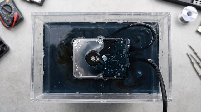 Hard drive submerged in liquid for data destruction or cooling experiment