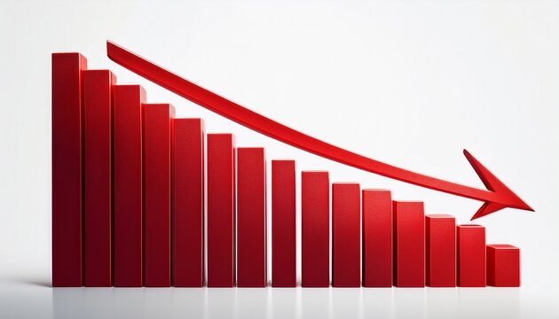 financial business decline bar chart with red downward arrow isolated on white background
