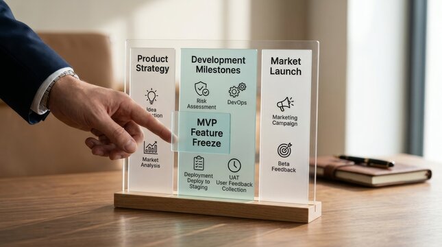 Businessman hand pointing to mvp feature freeze in development milestones for product strategy