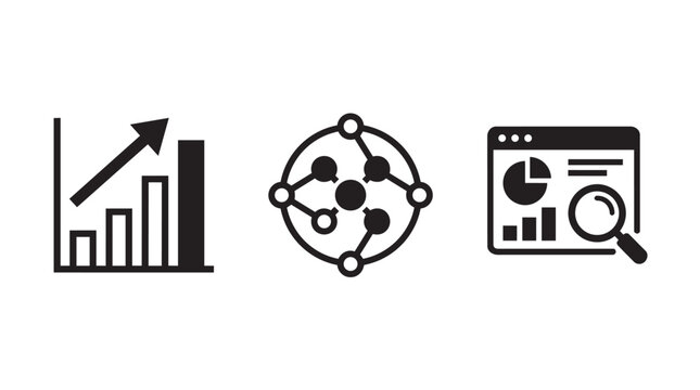Business data analytics icon set featuring financial growth bar chart network connection hub and web dashboard with pie chart for market research and reporting