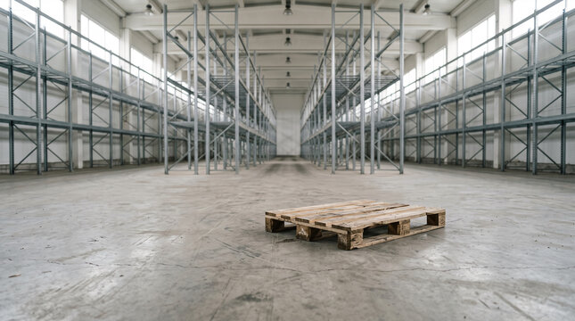 Empty warehouse interior with rows of industrial shelving and a wooden pallet