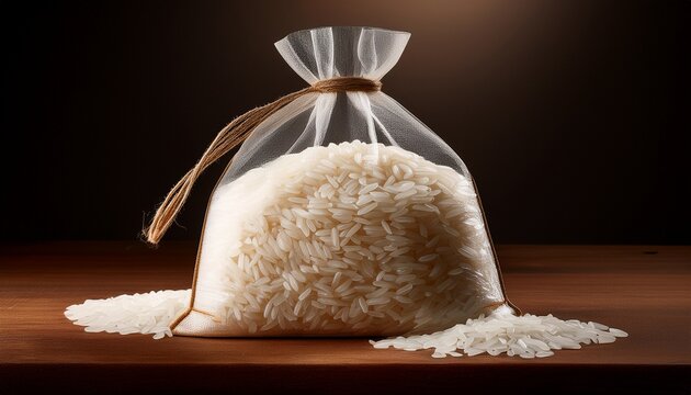 translucent bag filled with white uncooked long grain rice tied at the top