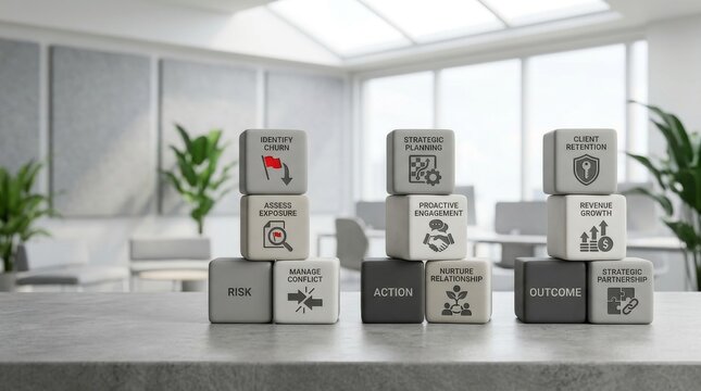Business growth strategy blocks showing risk, action, planning, and client retention outcomes