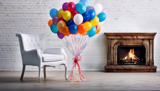 colorful polka dot balloons tied to empty white chair with fireplace and white brick wall background for celebration and decor