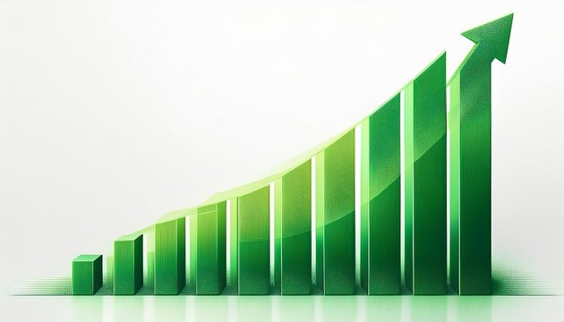 green business bar graph with upward growth arrow isolated on white background