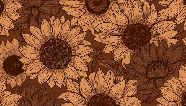 sunflowers boho doodle seamless pattern on brown background
