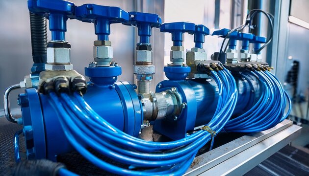close up view of industrial pneumatic tools connected to a compressed air system with hoses and blue valves visible
