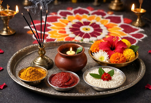 Traditional indian pooja thali with flowers incense lamp turmeric kumkum and rice for religious ritual