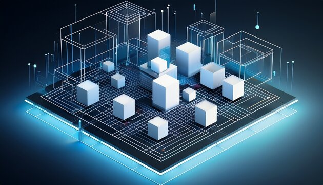 isometric digital composition with floating white cubes and geometric structures on a dark background with a subtle grid pattern overlay