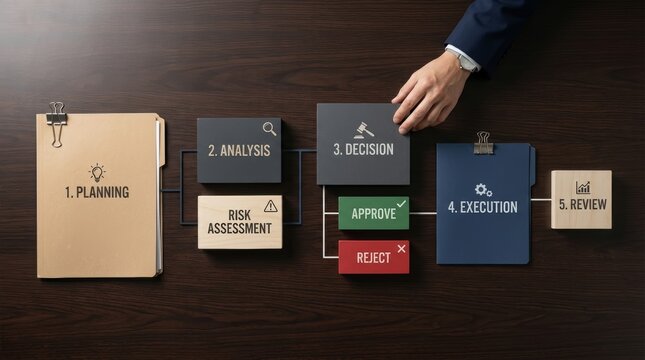 Strategic project management flowchart with numbered stages on dark wooden desk for business workflow