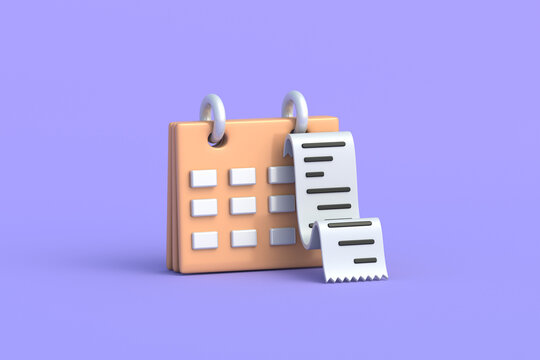 Monthly expense accounting. Annual financial checkup. Budget planning. Purchase history. Payment due date. Tax time. Regular review of accounts. Shopping receipt beside calendar. 3d render