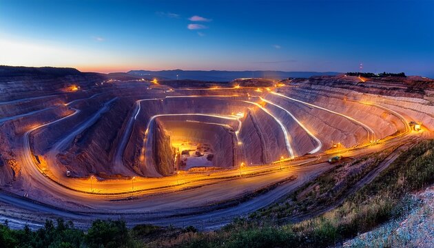 vast open pit mine at twilight illuminated by artificial lights and vehicle trails