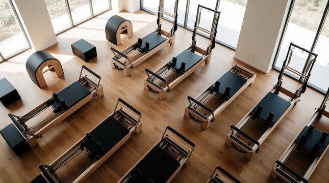 Modern empty pilates studio features reformers and cadillacs. Natural light streams through large windows onto the polished wooden floor. Equipment for core strength and balance.