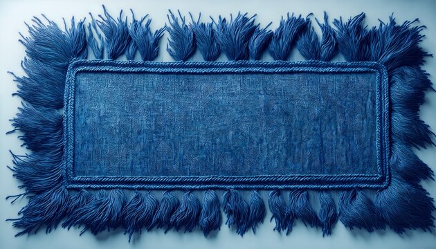textured blue rectangular textile with fringe on all sides