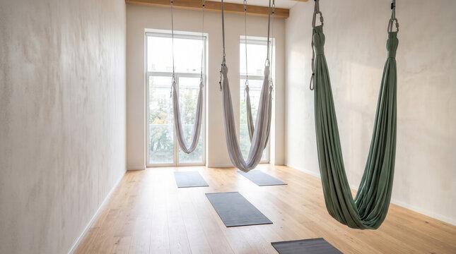 Aerial Yoga Hammocks and Mats in a Bright Empty Studio