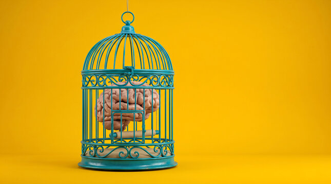 Human brain trapped inside antique birdcage on bright yellow background
