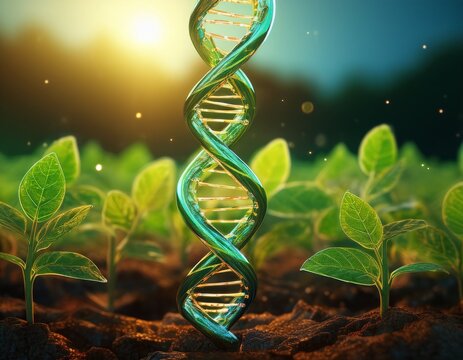 genetically modified soybean plant with a glowing dna double helix structure emerging from a green leaf in a field representing agricultural biotechnology and plant science innovation