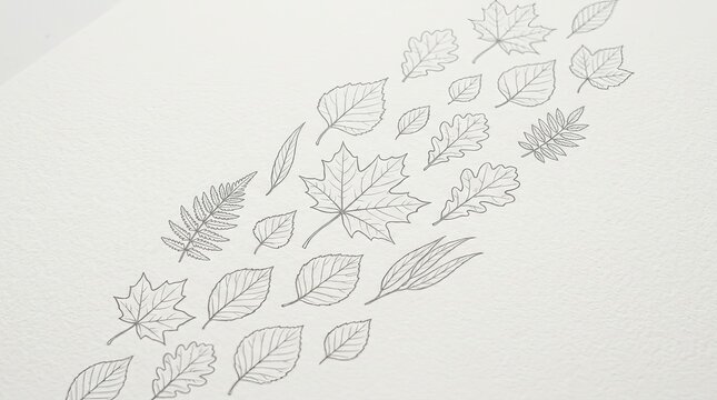 Collection of detailed line drawings of various autumn leaves including oak, maple, birch, fern, and willow arranged on a textured paper background, representing seasonal change.