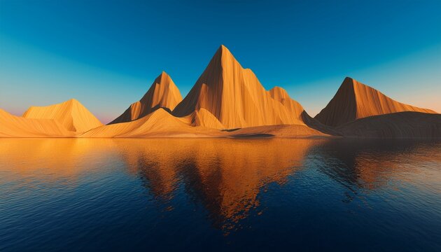 abstract landscape with sharp mountain peaks water reflections blue sky golden hour lighting 3d high resolution rendering