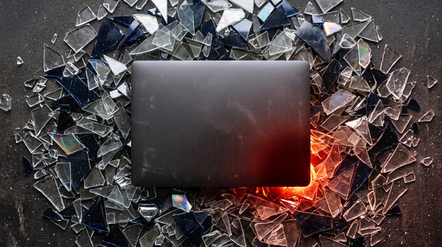Laptop computer surrounded by broken glass shards with glowing orange light
