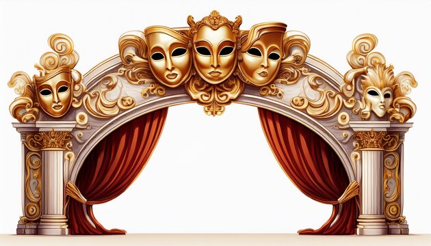 ornate golden theater stage frame baroque architectural arch with drama masks and curtains vintage classical music and opera border isolated with white background