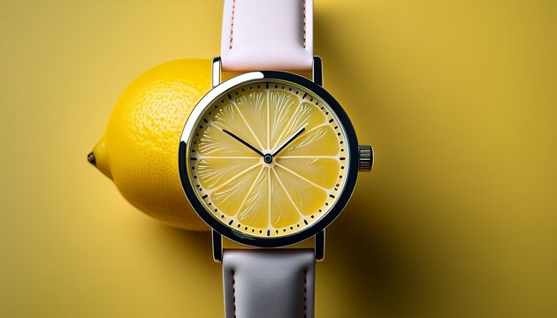 wristwatch with simple strap displayed next to a fresh yellow lemon graphic