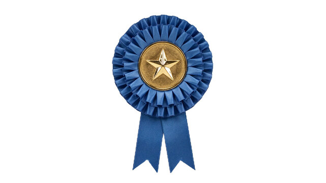 A blue award ribbon rosette with a gold center medal and a star, isolated on white background