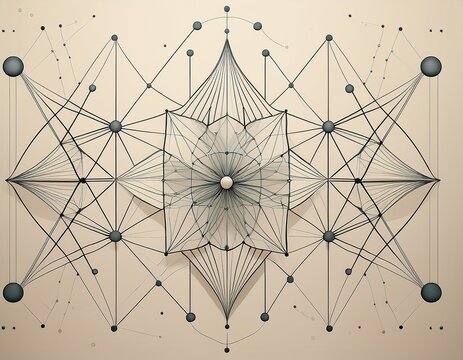 minimalist pattern of geometric science and atomic structures with thin gray lines and dots arranged on a solid light cream background surface
