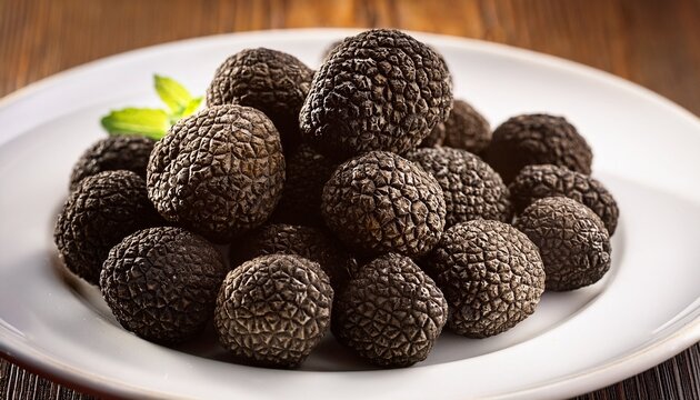 pile of fresh black truffles on a white plate