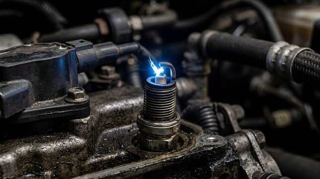 Electric spark firing from an automotive spark plug inside a car engine
