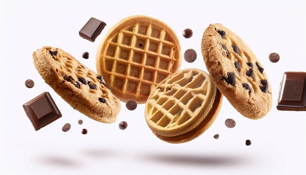 cookies waffles and chocolate chips floating in mid air isolated on white or white background perfect for bakery dessert advertising and creative food concepts