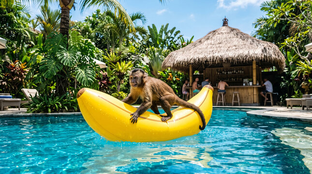 Monkey riding yellow banana float in tropical swimming pool resort