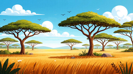 Fototapeta premium Cartoon savanna landscape with acacia trees under blue sky. Flat style illustration of African grassland with dry yellow grass and scattered bushes. Peaceful nature scene, sunny day.