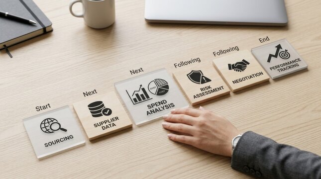 Sourcing and procurement workflow steps with wooden tiles for supplier data analysis and risk management