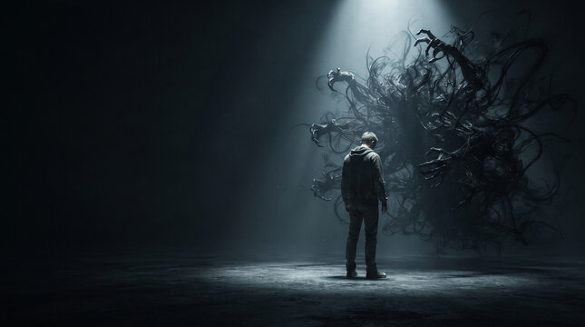 Man facing dark chaotic entity with tentacles in atmospheric moody lighting