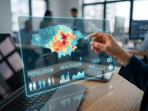 Holographic demographic heat map data displayed on a professional laptop