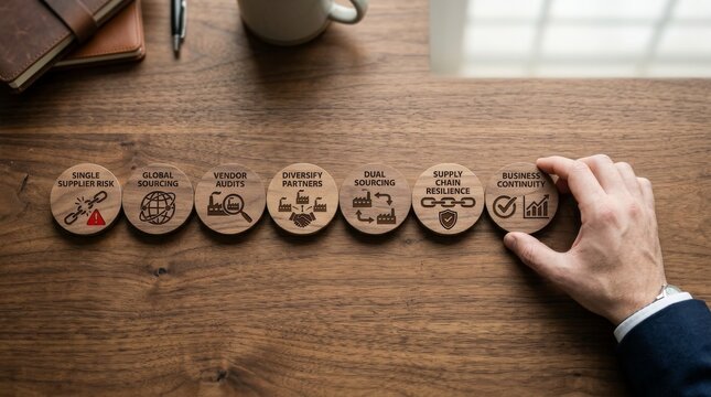 Supply chain resilience circular icons on wood texture for business continuity and risk mitigation strategy
