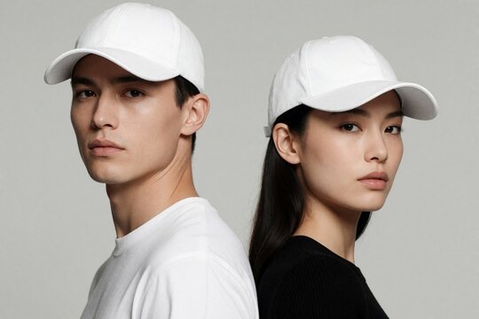 Man and woman wear blank white baseball caps. They pose side by side against a neutral studio backdrop, presenting simple headwear. Minimalist fashion portrait shows faces and headwear.