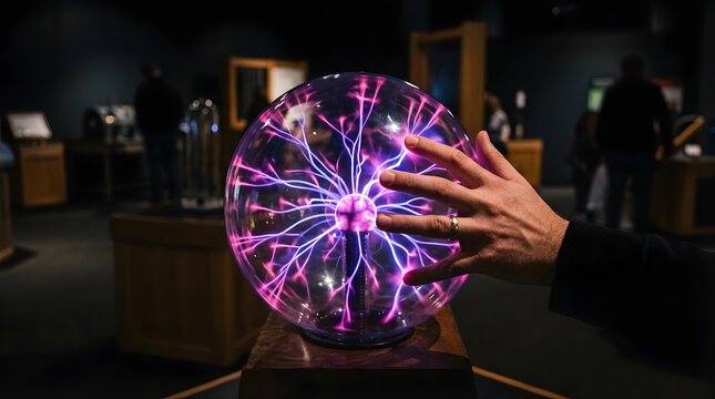 Hand touching a plasma globe lamp emitting electric sparks in a museum